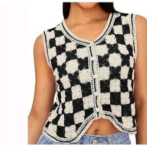 Sleeveless V-Neck Sweater Vest Button Front Crochet Knit Plaid Checkered Medium